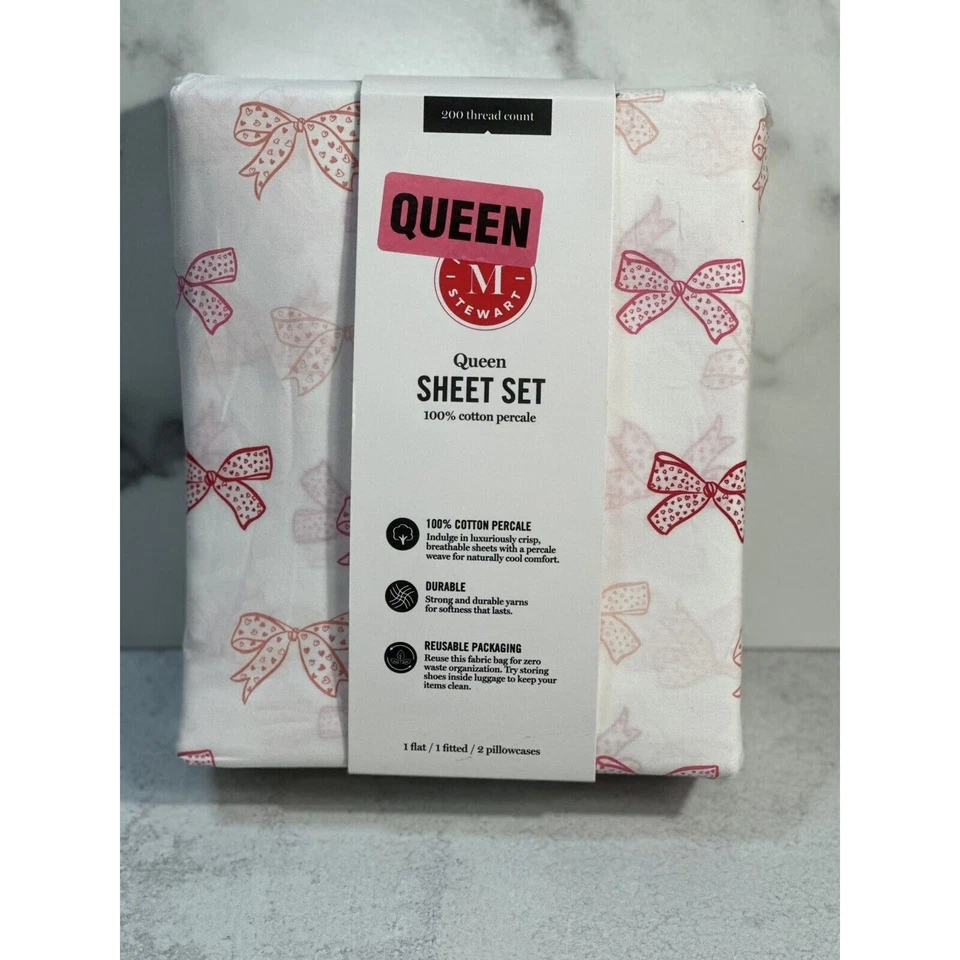 Juego de Sábanas Martha Stewart Coquette Estampado Lazo Rosa Rojo Reina 100% Algodón Percal Foto 3 de 4