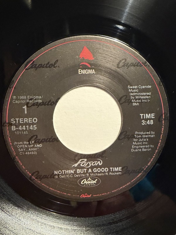 Poison “Nothin’ But A Good Time” Enigma/Capitol 7” 45 Strong VG+