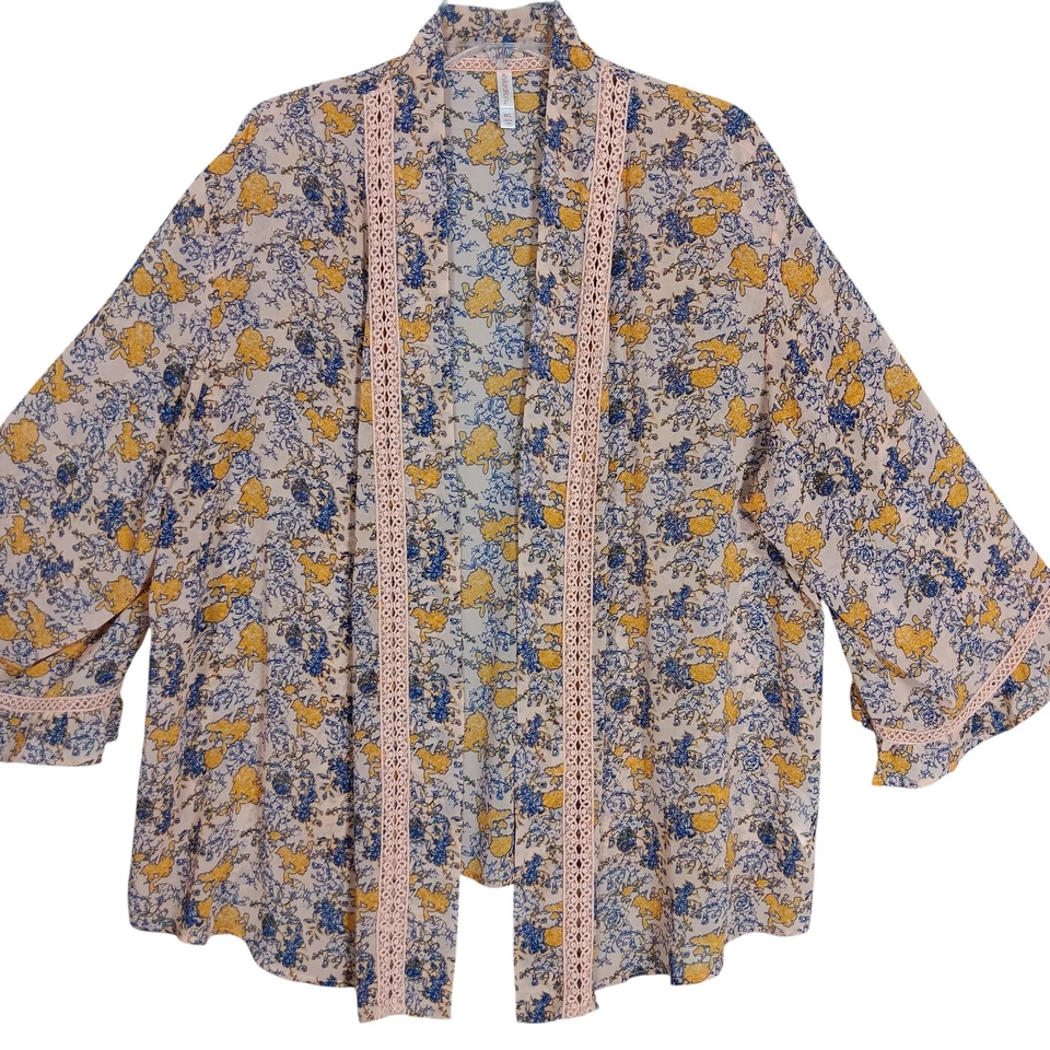 Kimono/Cardigan Xhilaration Bohemio Estampado Floral Talla M/L Floral Azul Amarillo Foto 2 de 4