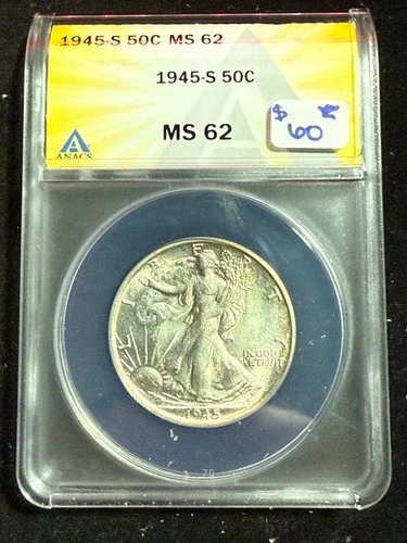 1945 S WALKING LIBERTY HALF DOLLAR ANACS MS 62