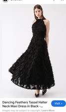 Chicwish Dancing Feathers Maxi Halter Dress Black Sz Med NWT Feather Trim