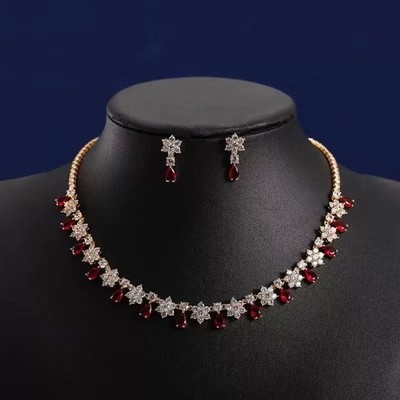 Vintage Ruby Red Crystal Necklace Earrings Set Gold Statement Jewelry