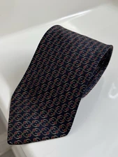 Lanvin Paris Men’s 100% Silk Tie Dark Blue/Red/Gold Geometric Pattern