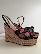Betsey Johnson Wedges 8.5 Pansie Black Multi Floral Sequin Woven Heels 108 NEW