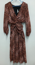 Ranna Gill Anthropologie Womens Midi Dress Medium Brown Animal Print Cut Out New