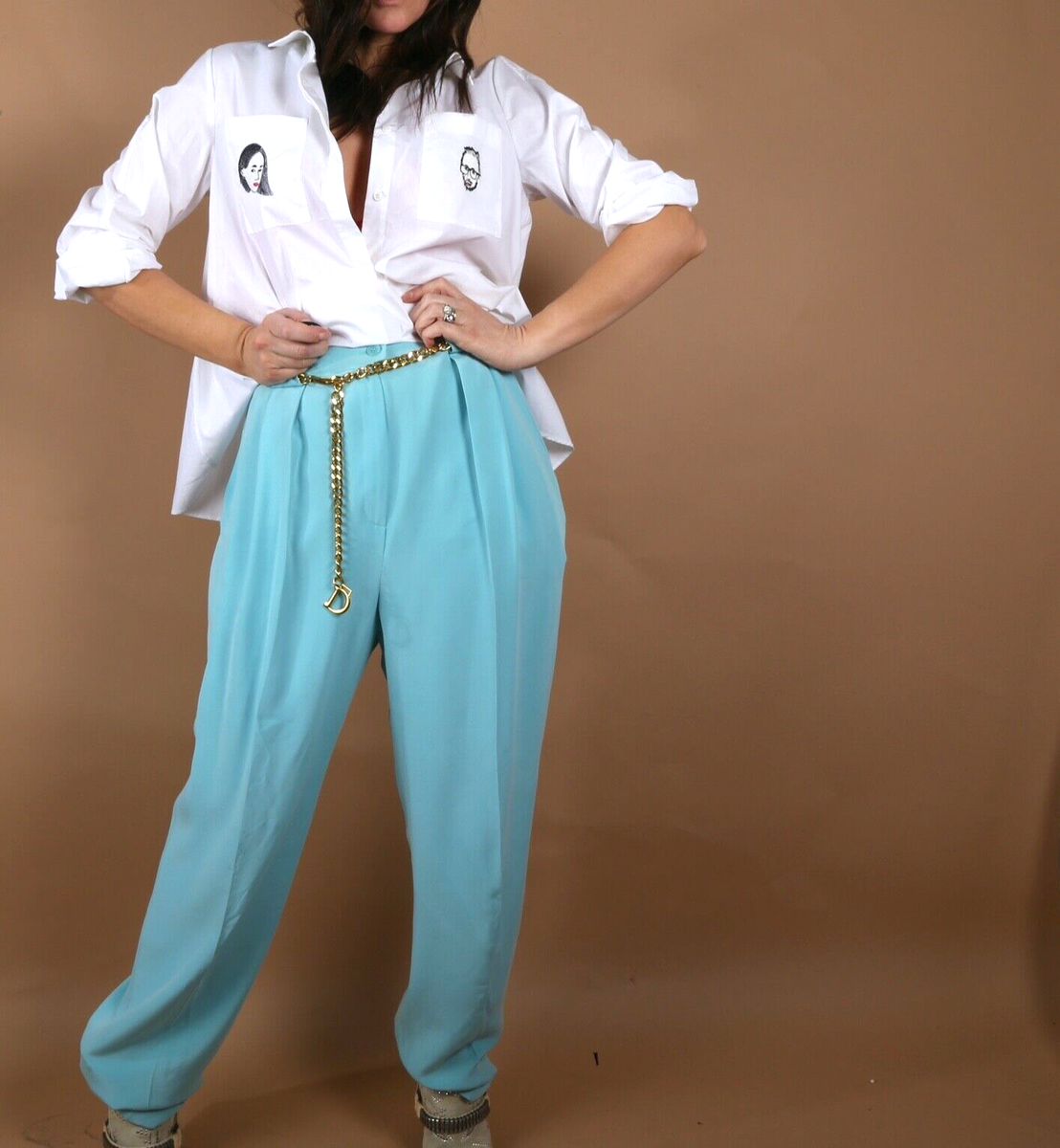 Jones Vintage Blue Turquoise Pure Silk Straight Leg Trousers Size 12