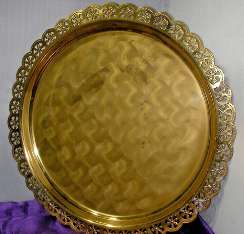 Vintage Modern Solid Brass 13.5" round Serving tray Japan floral lace pattern