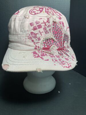 HEVE Pink Distressed Cadet Cap Hat Rhinestones Fleur De Lis One Size Fits All