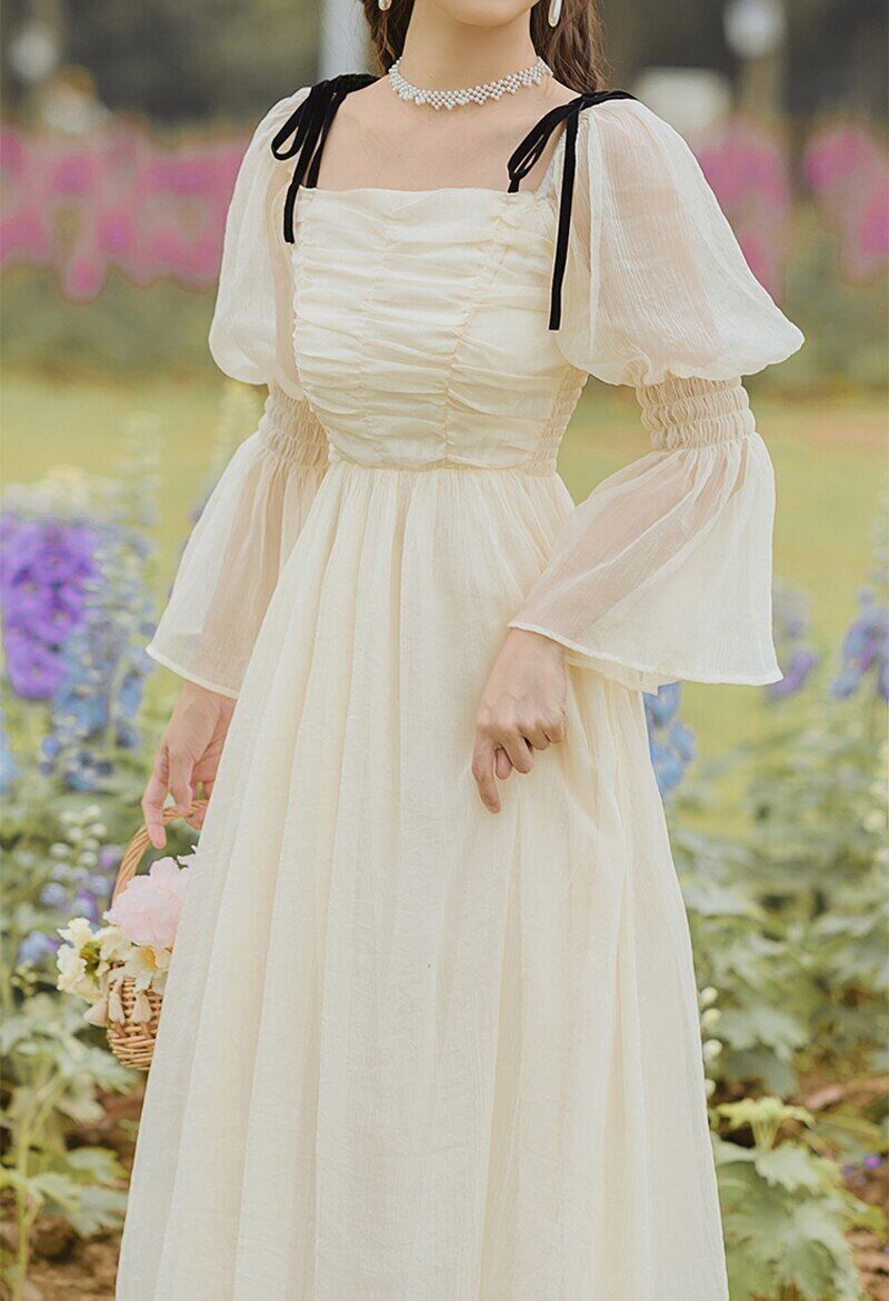 Romantic Chiffon Fairy Dress WomenVintage CottageSquare Collar FlareSleeve  Sweet | eBay