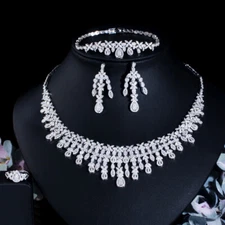 Tassel Wedding Necklace Earring Bracelet Ring Women Silver Plated CZ Jewelry Set