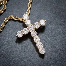 Elegant Iced Cz Yellow Gold Plated Small Cross Pendant And Rope Chain Necklace