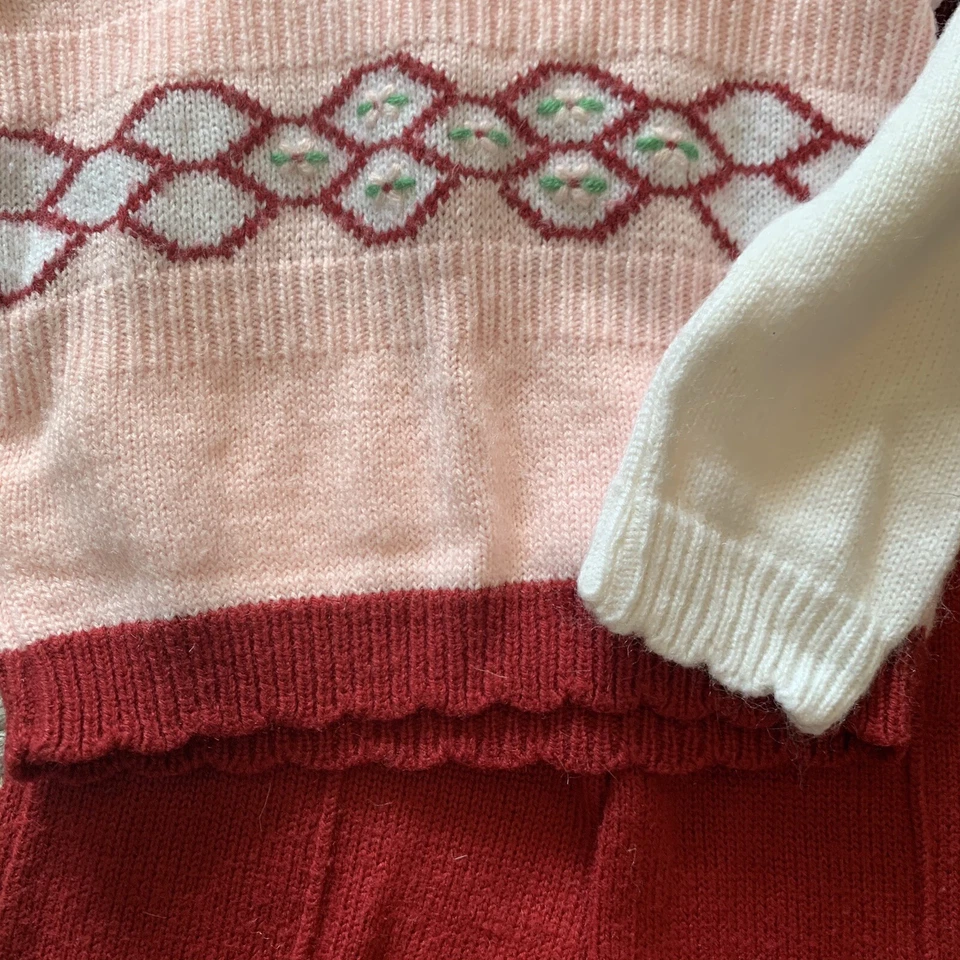 Conjunto de Pantalones Suéter Tejido Floral Vacaciones Navidad Rojo Rosa De Colección Talla 18 Meses 60s 70s Foto 4 de 4