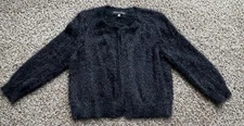 Saks Fifth Ave Black Angora Feel Boxy Fit Cardigan Sweater w/Silver ThreadsSz SP