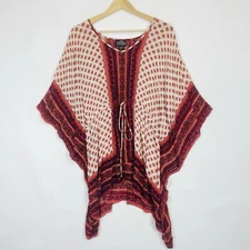 Angie Maroon Beige Boho Pattern Crinkle Loose Flowy Blouse Top Womens Medium