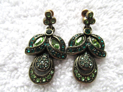 NEW QVC Kathy Levine LA VINTAGE Dangle Rhinestone Post Earrings Green