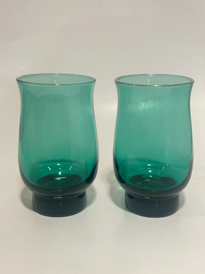 复古 Libbey Juniper 绿色金色边缘郁金香高球眼镜泪滴 2 件套 — 第 2/4 张图片