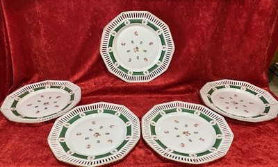 Set of 5 Antique Schumann Arzberg Bavarian Reticulated Plates Green Gold Trim