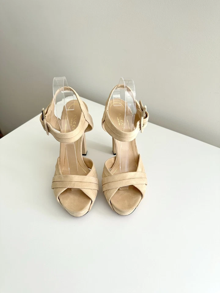 GUCCI Nude Suede Ankle Strap Chunky Heel Platform Sandals Size 38 (US 8) - Image 2 of 4