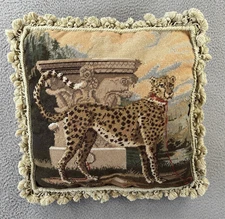 Vintage Leopard Cheetah Safari Needlepoint Throw Pillow 20x20” Tasseled Wool