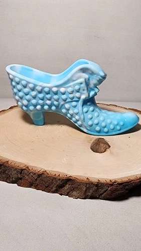 Vintage Fenton Blue Slag Cat Head / Hobnail Glass Slipper