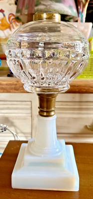 TRIPLE FLUTE AND BAR KEROSENE STAND LAMP OPALESCENT GLASS BASE & STEM