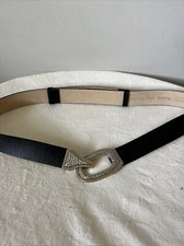 Chico's Belt Black Silver Tone Buckle Adjustable M/L Hook Loop Closure Brass
