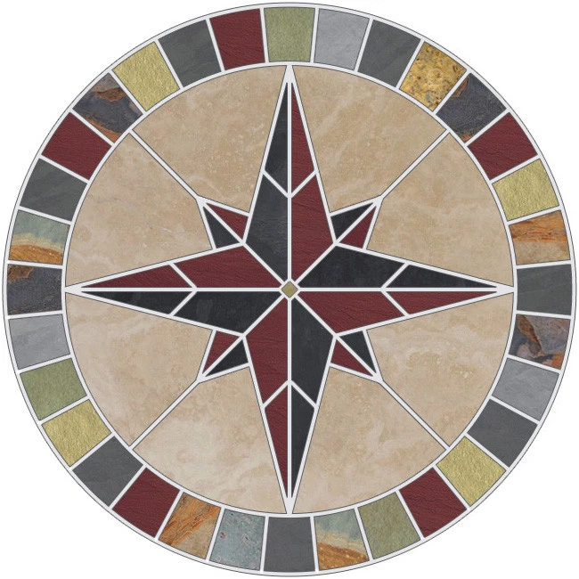 36" Tile Mosaic Medallion Natural Stone Travertine & Slate Mariners Compass Rose - Image 2 of 2