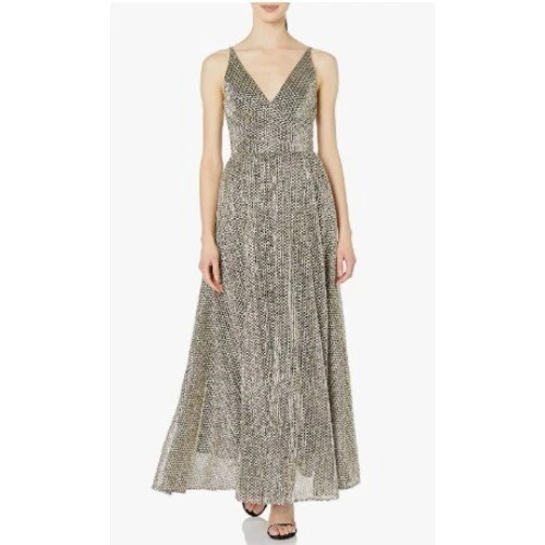 VALENTINO Vestito la Popolazione Valentina Abito Lungo Senza Maniche Surplice Avvolgente Oro Nero XL