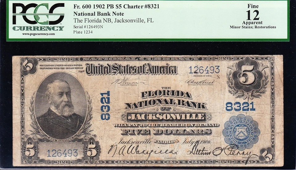 Nice *RARE* 1902 $5 JACKSONVILLE, FL National Banknote PCGS 12! FREE SHIP! 26493 - Image 2 of 3