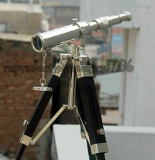 Brass Nautical Silver Desk Telescope W/Handmade Black Wooden Tripod Stand Gift