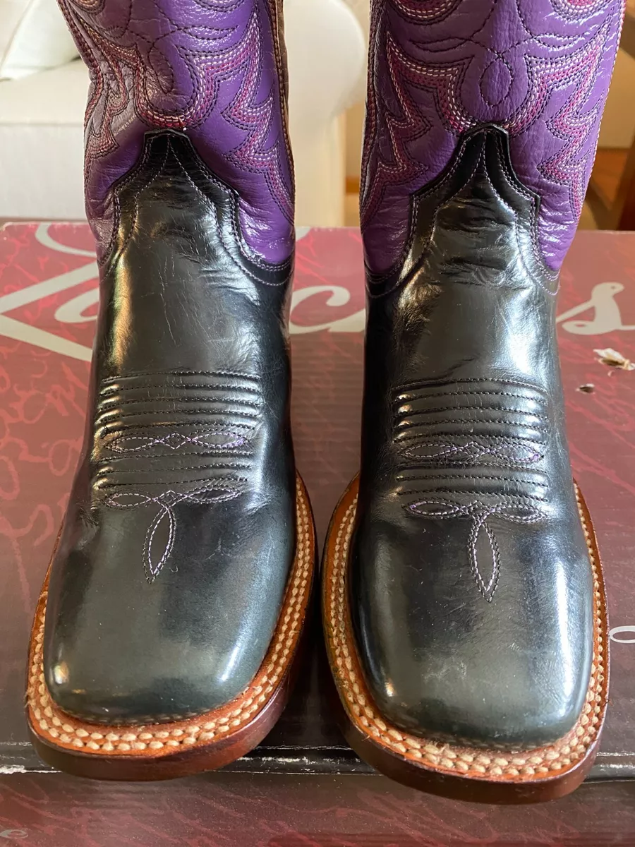 Lucchese Womens Handmade Black Oil Calf Electric Purple Shaft Western Boot 5.5 B