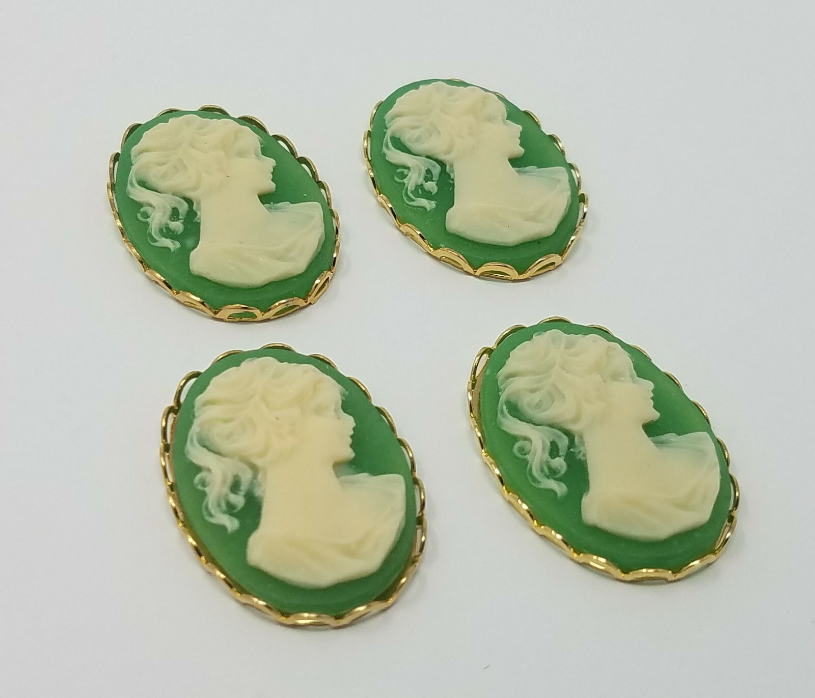 4 pcs 25mm VTG Green Victorian Lady Craft Jewelry Cameos Gold Filigree Settings
