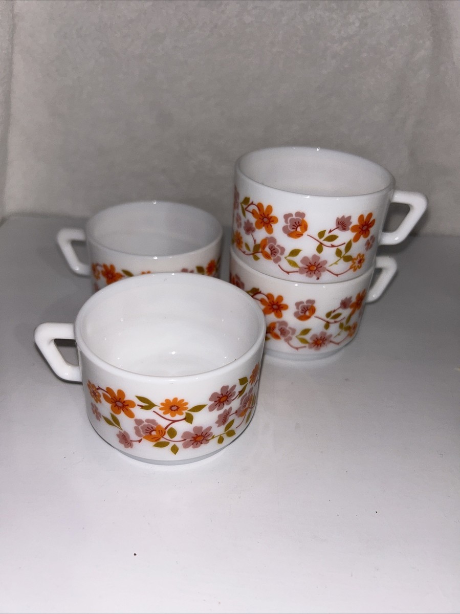 Lot De 4 Mugs Arcopal Scania - Vintage Motif Fleurs - Verre Opale - Très Bon état
