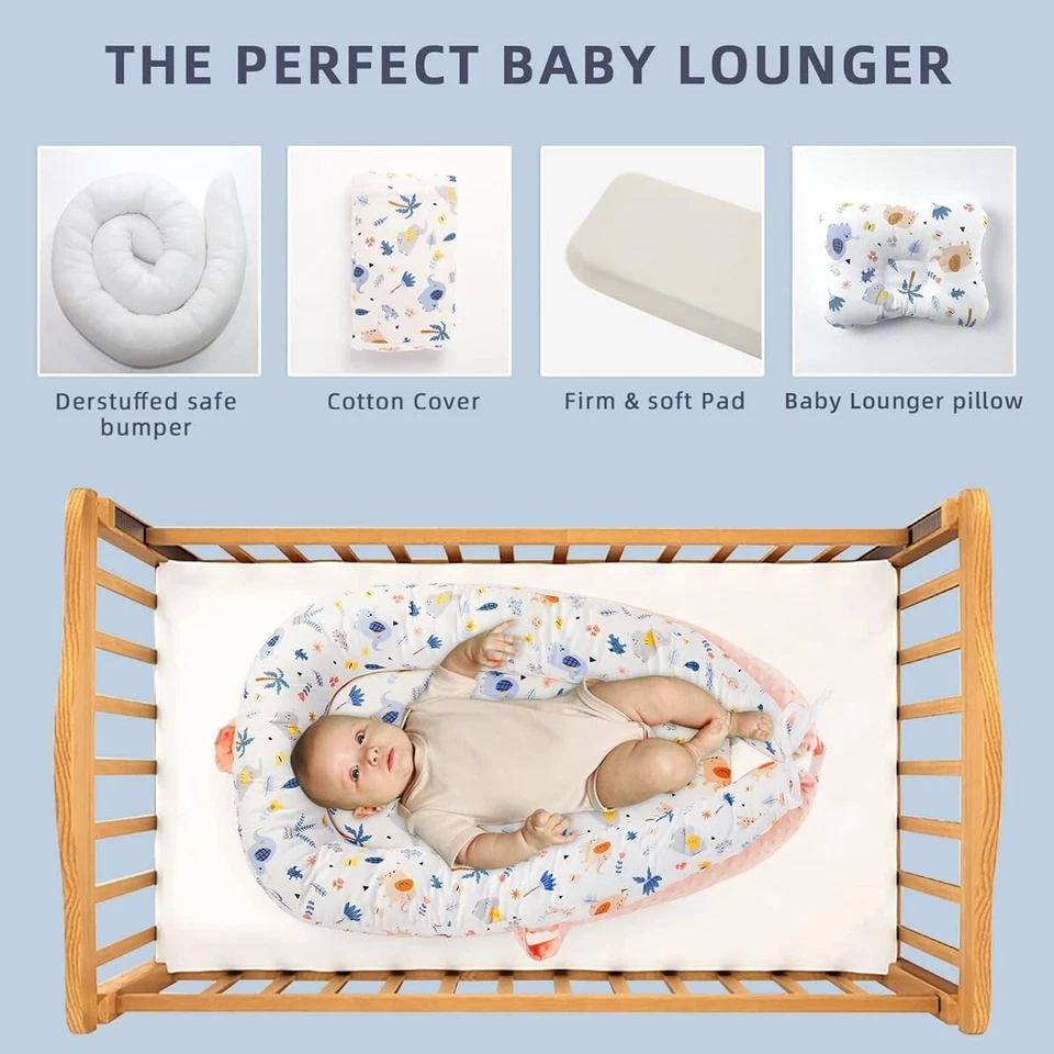 Baby Lounger for Newborn Baby Nest With Pillow Pink Elephant Safari Pattern NEW - Image 4 of 4