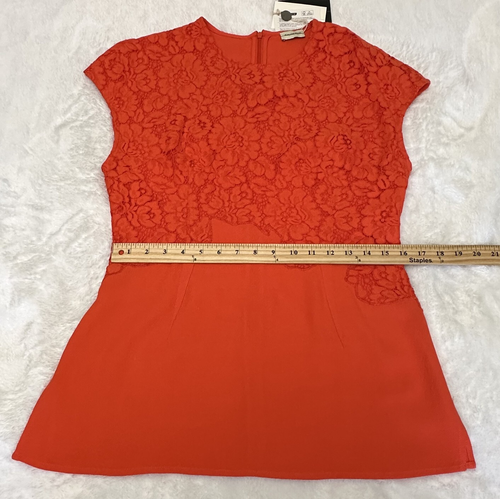 By Malene Birger Coral Red Floral Lace Overlay Blouse Cap Sleeve Top Sz L - Picture 9 of 13