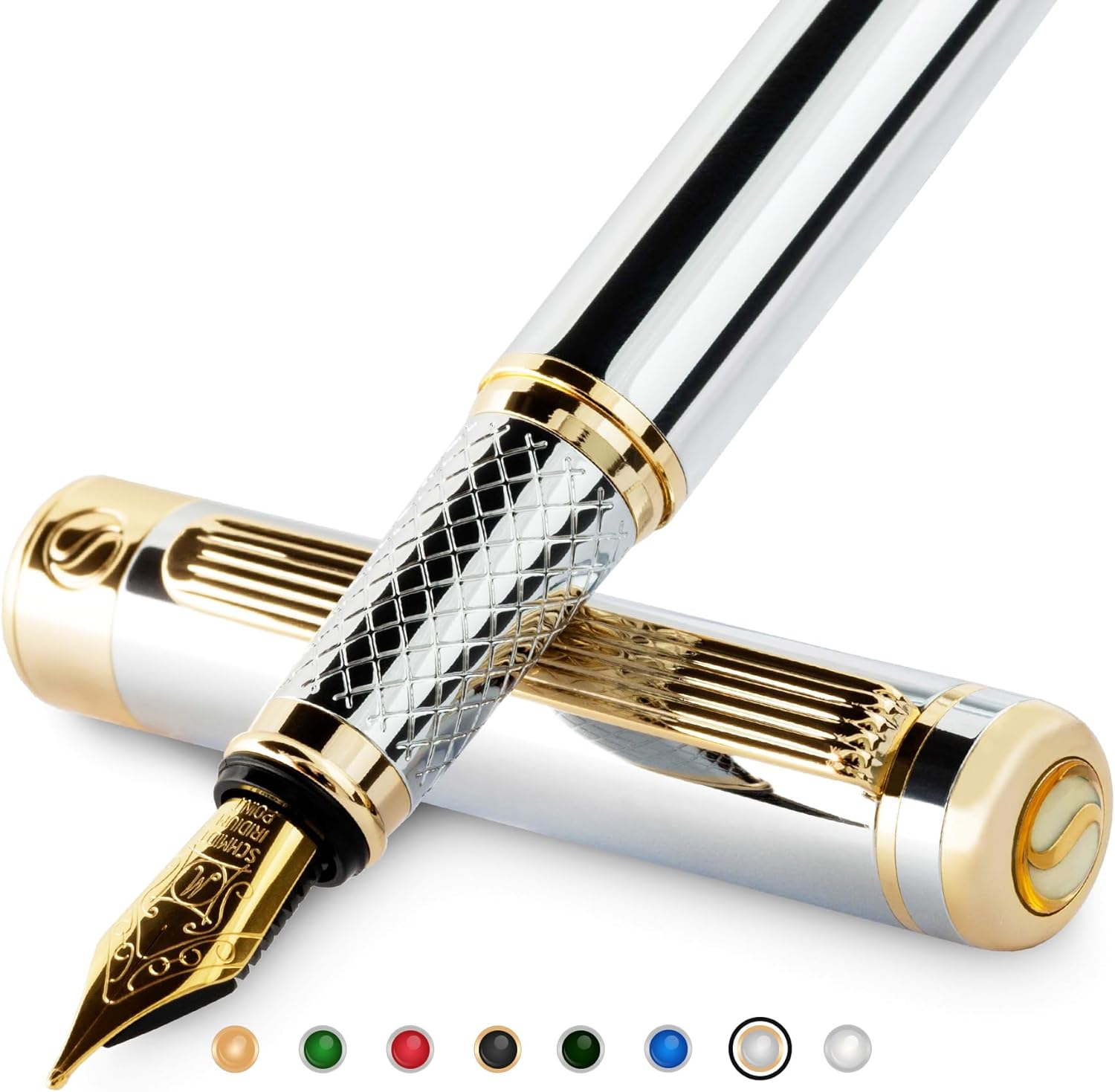 Silver Chrome Fountain Pen - Stunning Luxury Pen with 24K Gold Finish, Schmid