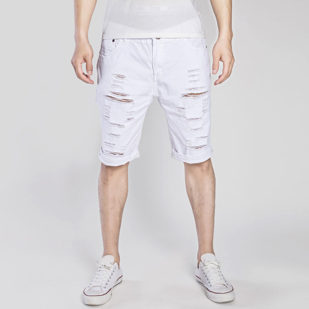 Mens Destroyed Hole Denim Shorts Half Pants Slim Jeans