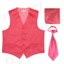 New Men's Vesuvio Napoli Paisley Tuxedo Vest Ascot Cravat Hankie set party Coral