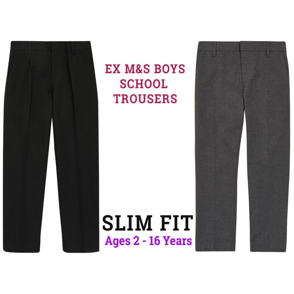 MARKS & SPENCER Ex M&S Jungen Schulhose Slim Fit schwarz grau verstellbarer Bund Alter 2-18 Jahre