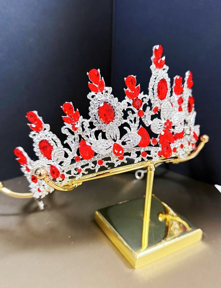 Silver Crystal Tiara, Bridal Flower Tiara, Red Crystal Tiara, Wedding Headpiece - Image 4 of 4