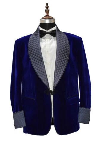Men Blue Smoking Jackets Quilted Lapel Designer Dinner Party Wear Blazer Coats