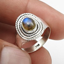 Natural Labradorite Solid Sterling Silver Bezel Cocktail Anniversary Ring Size 7