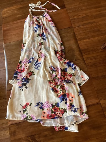 Chelsea & Violet Long Maxi Halter Dress Ivory Chiffon Classic Boho Floral SMALL