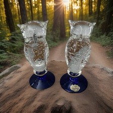 Murano Owl Figurines Set of 2 Cobalt Blue Bullicante Art Glass Italy Controlled