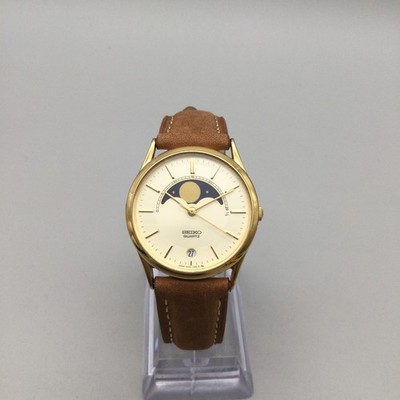 Vintage Seiko Moon Phase Mens Watch 32mm Date 7434-7008 Leather