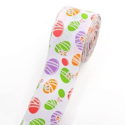 Easter Fabric Wired Ribbon 2.5 inch x 10 Yards Easter Egg Burlap Print