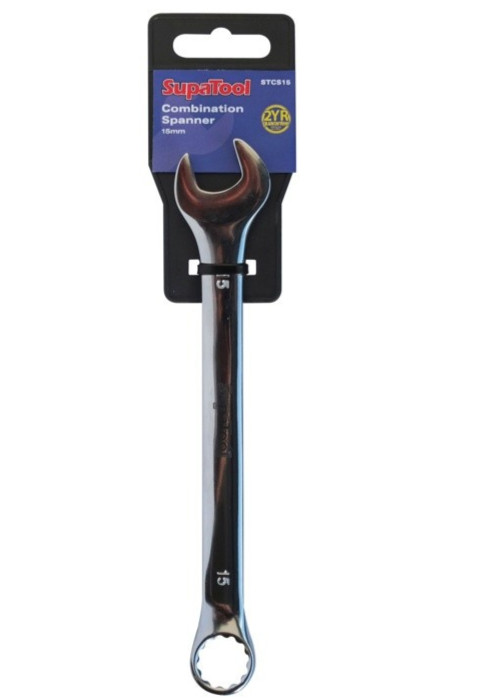 SupaTool Combination Spanner Fixed Head Open Ring Metric Polished Steel - 15mm