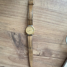 Bally Quartz Gold Dial Roman Date 26mm Gold Tone Watch Brown Leather Strap