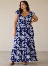 Nine West Hawaiian Maxi Dress Blue Floral Flowey Tiered Flouncy Sleeves XXL