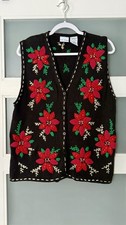 Vintage Bobbie Brooks Christmas Sweater Vest Poinsettia Floral Grandma Large